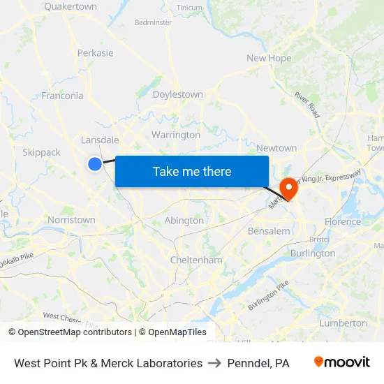 West Point Pk & Merck Laboratories to Penndel, PA map
