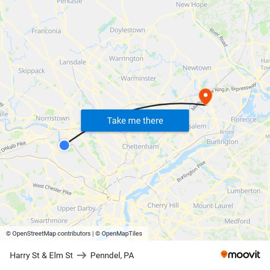 Harry St & Elm St to Penndel, PA map