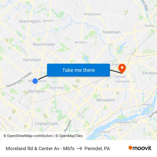 Moreland Rd & Center Av - Mbfs to Penndel, PA map