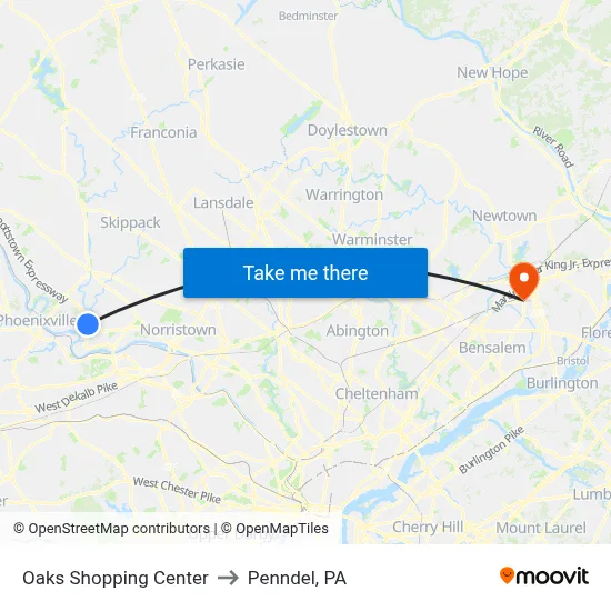 Oaks Shopping Center to Penndel, PA map