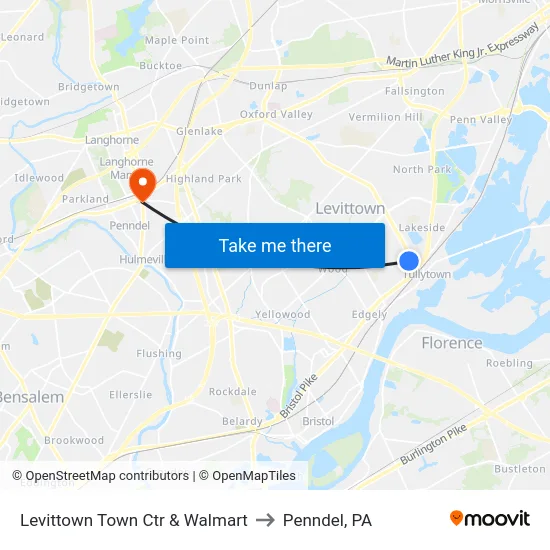 Levittown Town Ctr & Walmart to Penndel, PA map