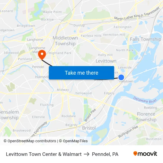 Levittown Town Center & Walmart to Penndel, PA map
