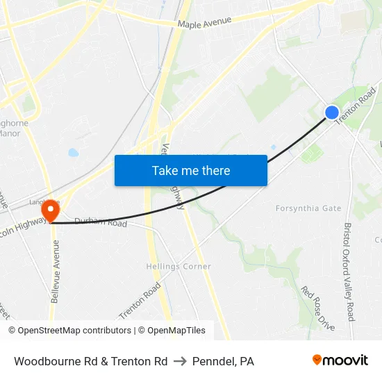 Woodbourne Rd & Trenton Rd to Penndel, PA map