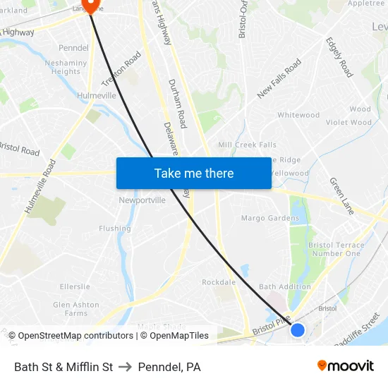Bath St & Mifflin St to Penndel, PA map