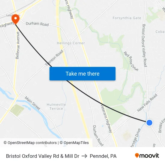 Bristol Oxford Valley Rd & Mill Dr to Penndel, PA map