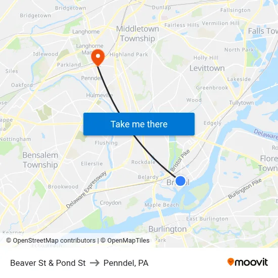 Beaver St & Pond St to Penndel, PA map