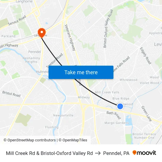 Mill Creek Rd & Bristol-Oxford Valley Rd to Penndel, PA map