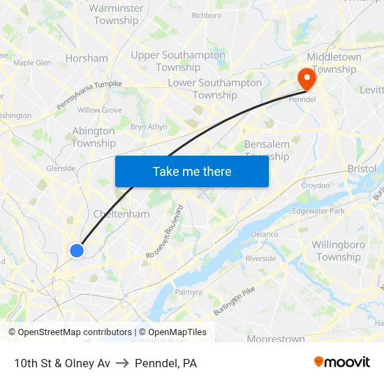 10th St & Olney Av to Penndel, PA map