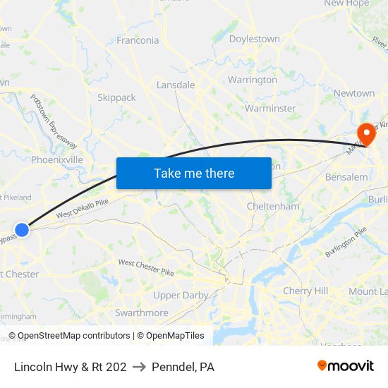 Lincoln Hwy & Rt 202 to Penndel, PA map