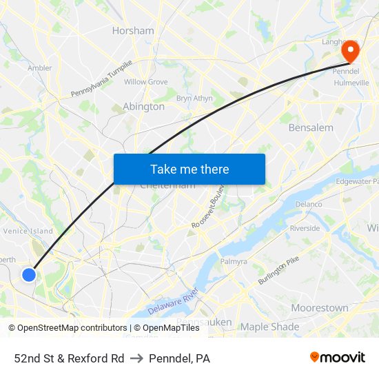 52nd St & Rexford Rd to Penndel, PA map