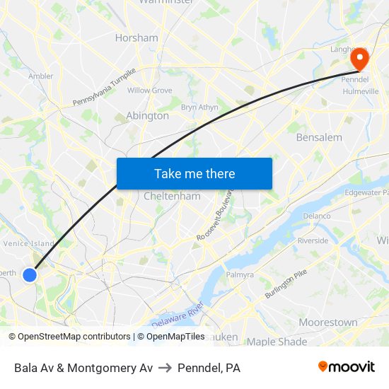 Bala Av & Montgomery Av to Penndel, PA map