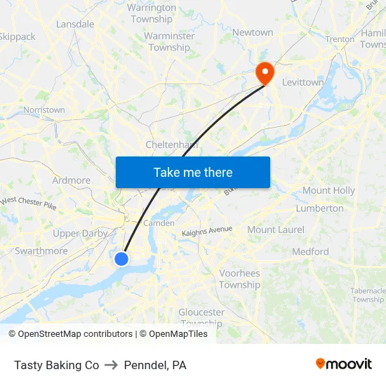 Tasty Baking Co to Penndel, PA map
