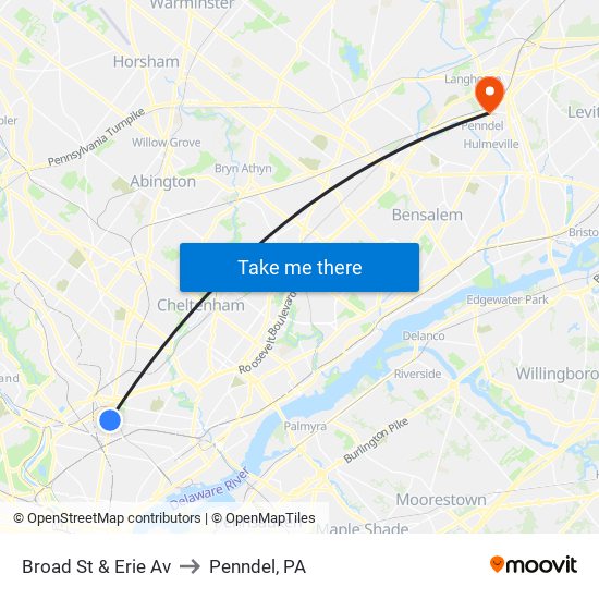 Broad St & Erie Av to Penndel, PA map