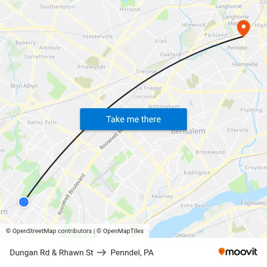 Dungan Rd & Rhawn St to Penndel, PA map