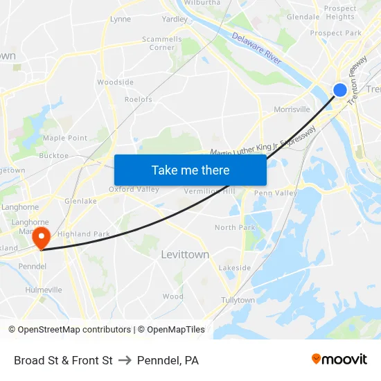 Broad St & Front St to Penndel, PA map