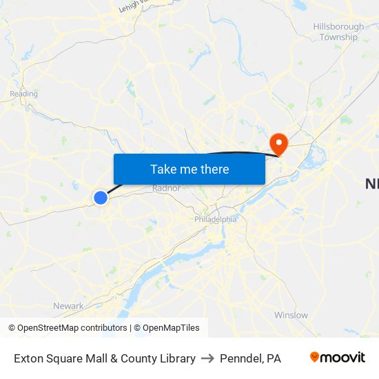 Exton Square Mall & County Library to Penndel, PA map