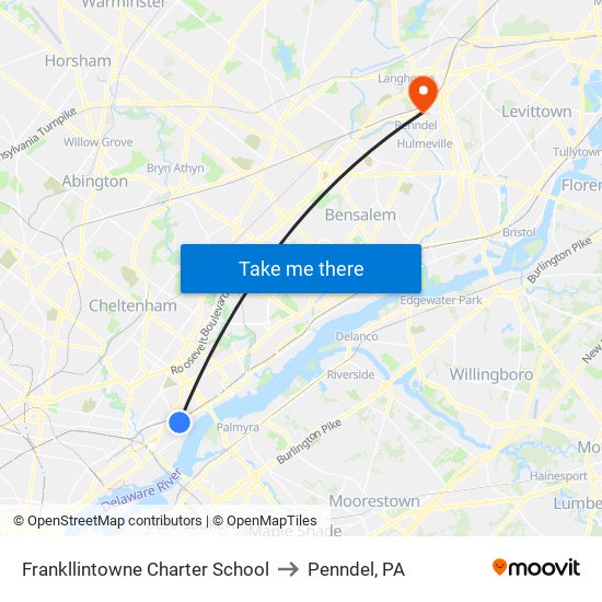 Frankllintowne Charter School to Penndel, PA map