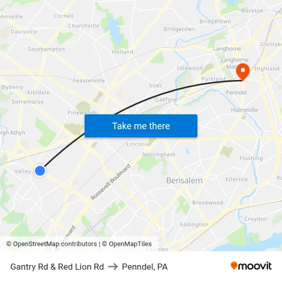Gantry Rd & Red Lion Rd to Penndel, PA map