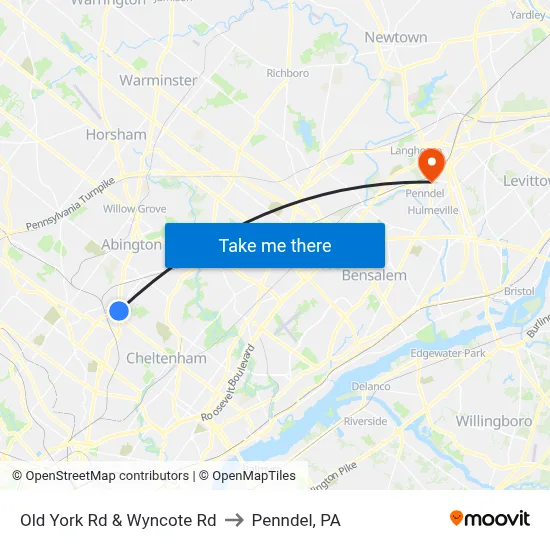 Old York Rd & Wyncote Rd to Penndel, PA map