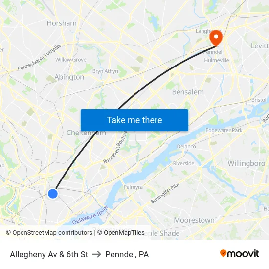 Allegheny Av & 6th St to Penndel, PA map
