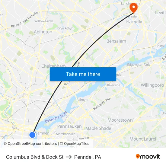 Columbus Blvd & Dock St to Penndel, PA map