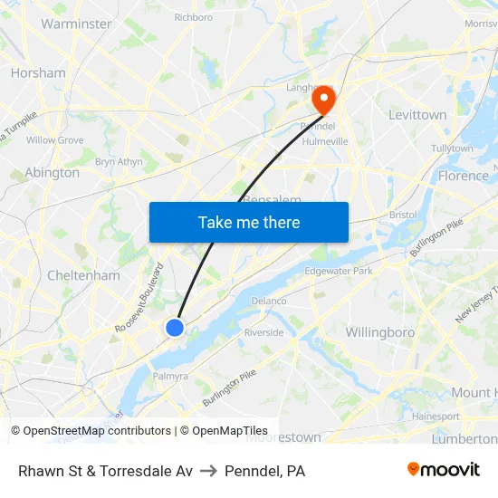 Rhawn St & Torresdale Av to Penndel, PA map