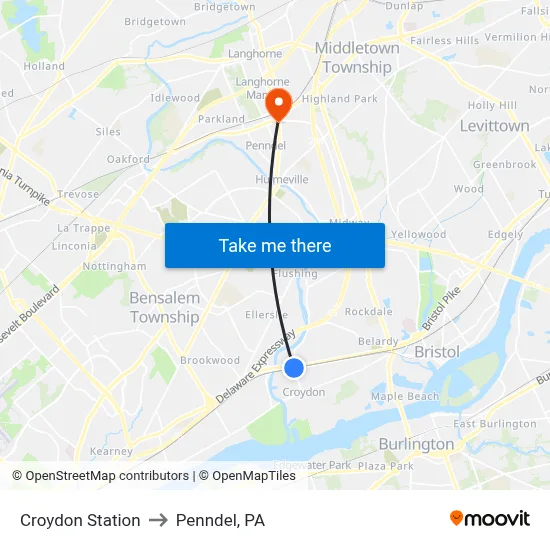 Croydon Station to Penndel, PA map