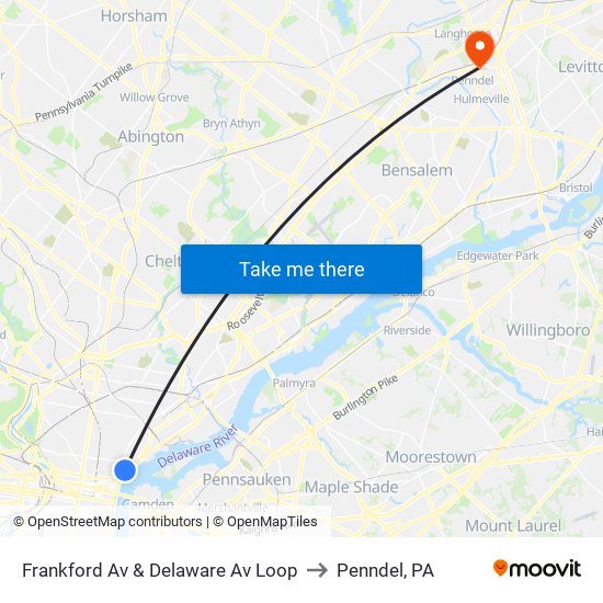 Frankford Av & Delaware Av Loop to Penndel, PA map