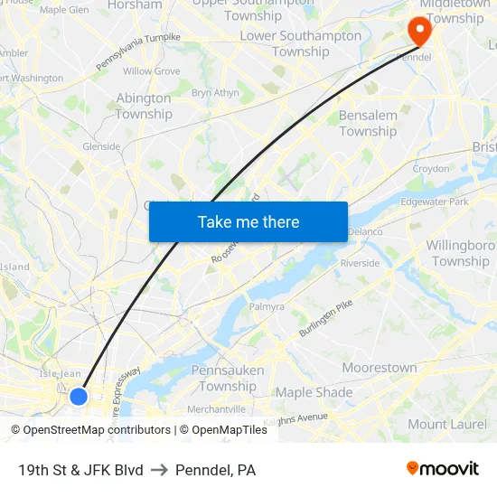 19th St & JFK Blvd to Penndel, PA map