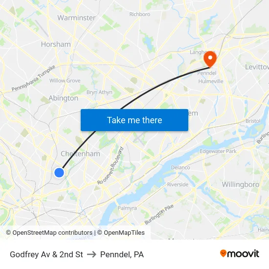 Godfrey Av & 2nd St to Penndel, PA map
