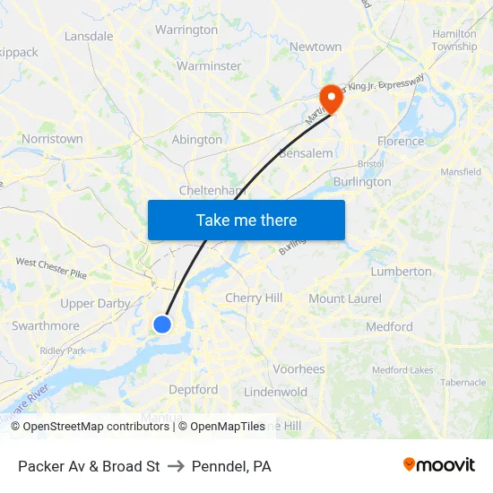Packer Av & Broad St to Penndel, PA map