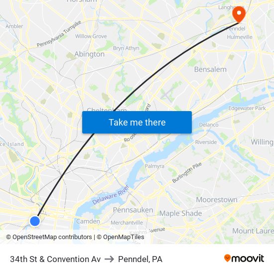 34th St & Convention Av to Penndel, PA map