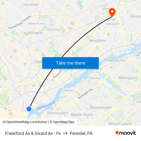 Frankford Av & Girard Av - Fs to Penndel, PA map