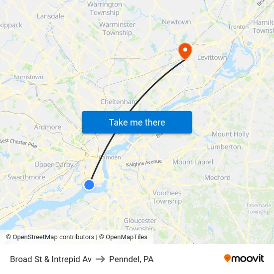Broad St & Intrepid Av to Penndel, PA map