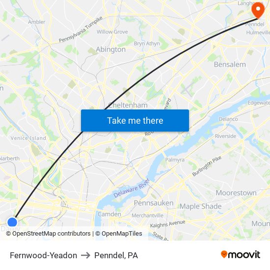 Fernwood-Yeadon to Penndel, PA map