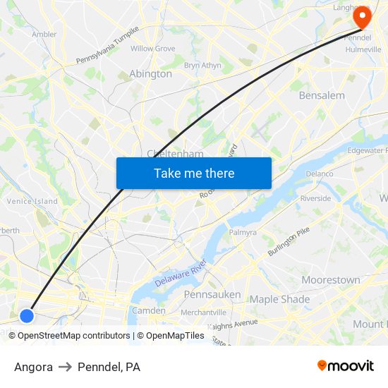 Angora to Penndel, PA map