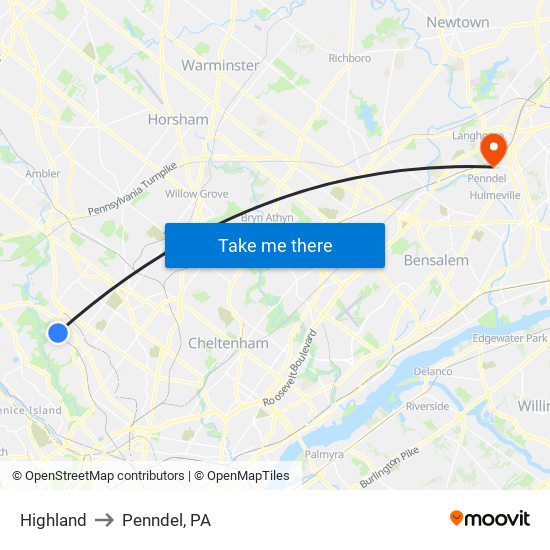 Highland to Penndel, PA map