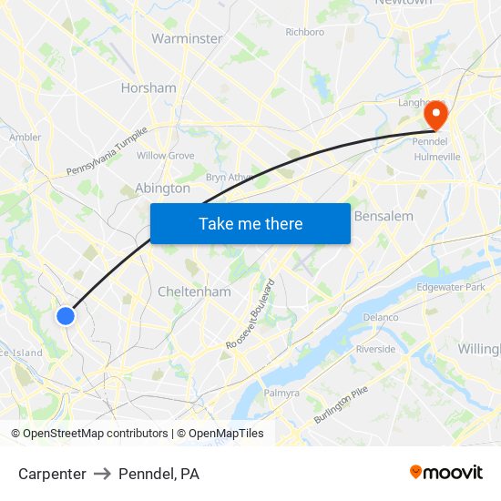 Carpenter to Penndel, PA map