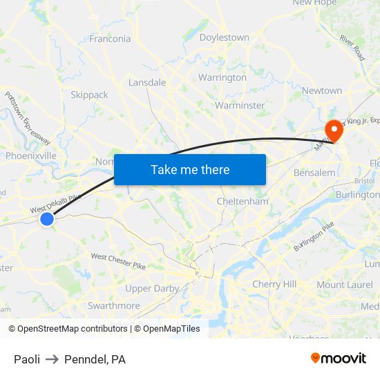 Paoli to Penndel, PA map