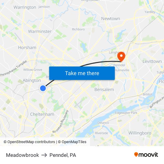 Meadowbrook to Penndel, PA map