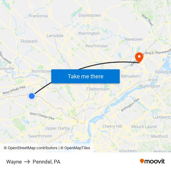 Wayne to Penndel, PA map