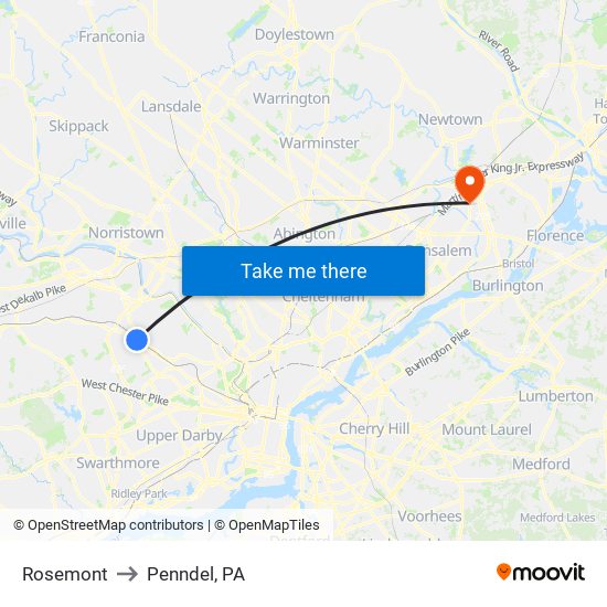 Rosemont to Penndel, PA map