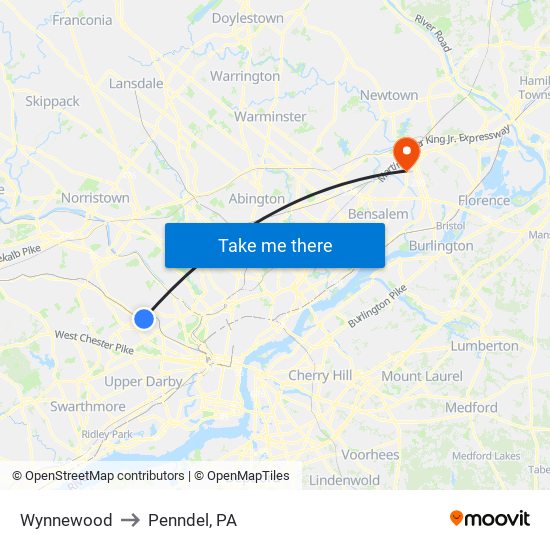 Wynnewood to Penndel, PA map