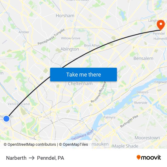 Narberth to Penndel, PA map