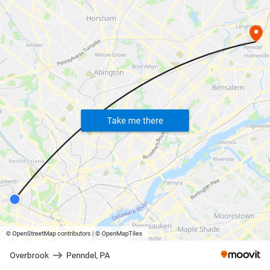 Overbrook to Penndel, PA map