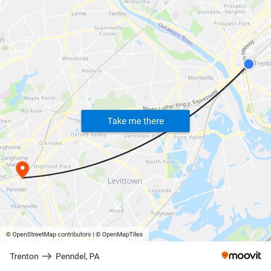 Trenton to Penndel, PA map