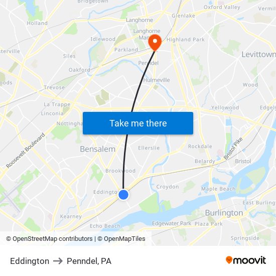 Eddington to Penndel, PA map