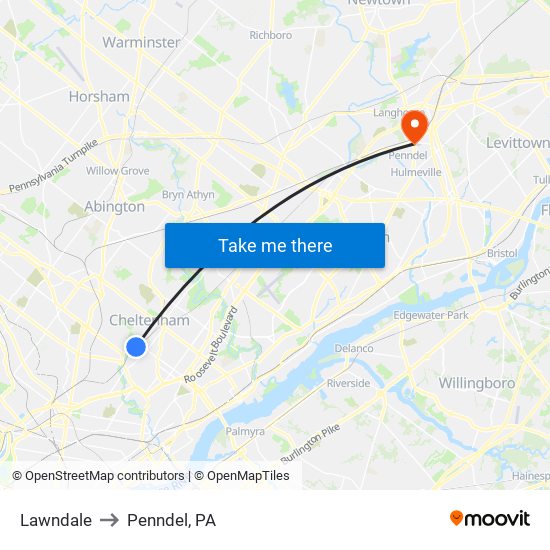 Lawndale to Penndel, PA map