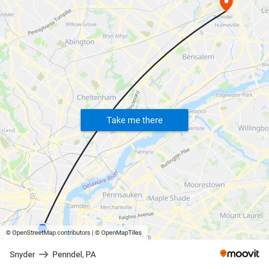 Snyder to Penndel, PA map