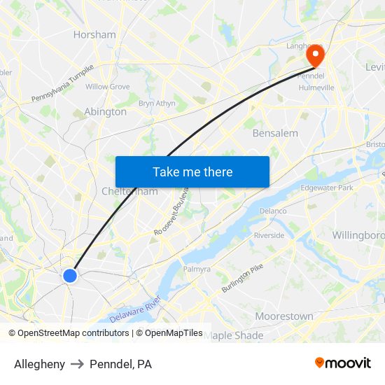 Allegheny to Penndel, PA map